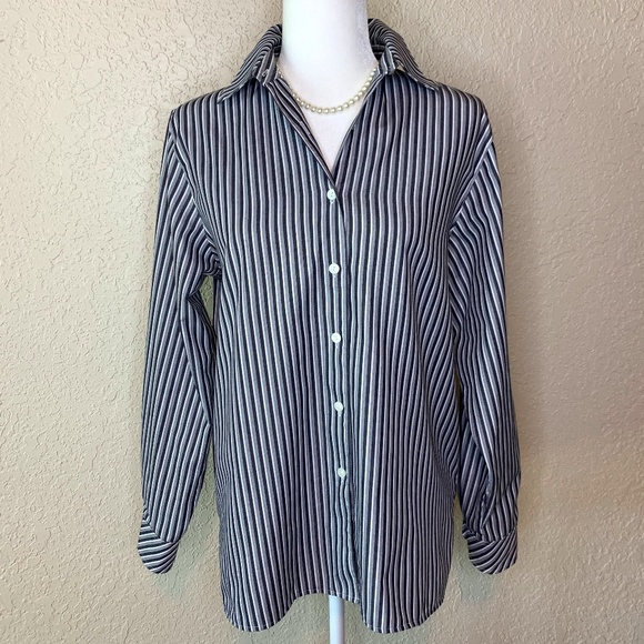 Foxcroft Tops - Foxcroft Wrinkle-Free Black Gray White Striped Button Down Shirt Women's Size 10